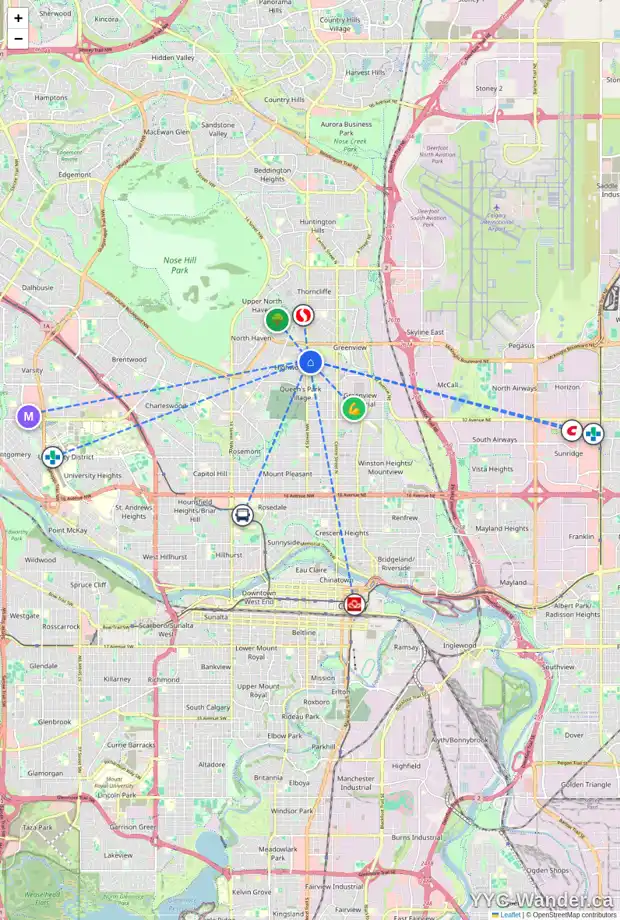 Daily accessibility map for 102 4506 4 ST NW, Calgary showing nearby schools, grocery stores, parks, LRT stations and nearby amenities