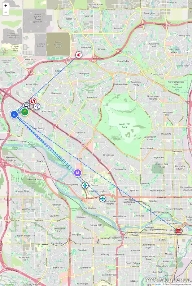 Daily accessibility map for 39 SCENIC HILL CL NW, Calgary showing nearby schools, grocery stores, parks, LRT stations and nearby amenities