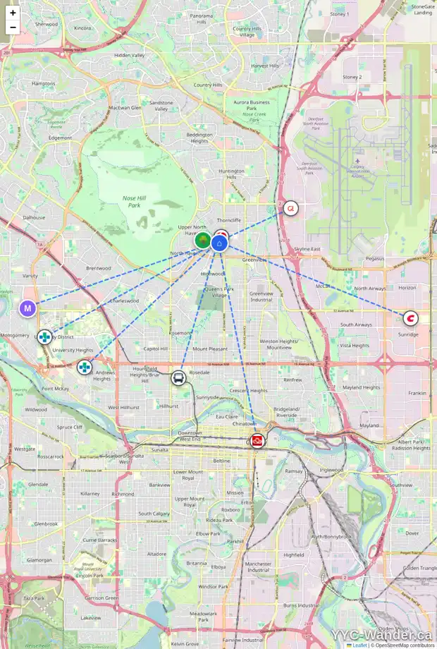 Daily accessibility map for 616 TRAFFORD DR NW, Calgary showing nearby schools, grocery stores, parks, LRT stations and nearby amenities
