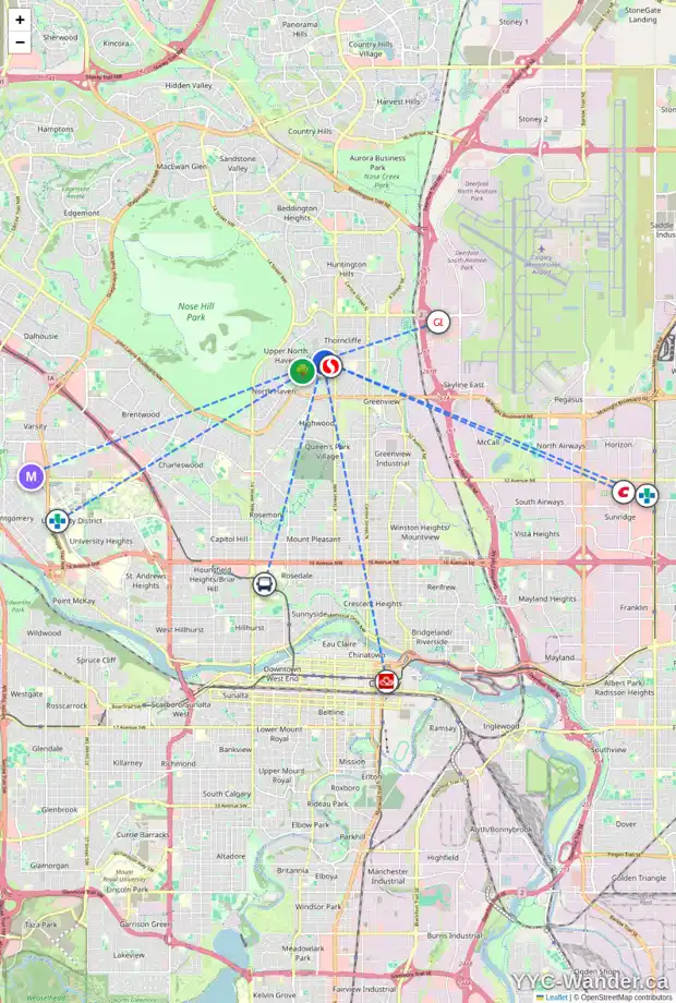 Daily accessibility map for 712 THORNEYCROFT DR NW, Calgary showing nearby schools, grocery stores, parks, LRT stations and nearby amenities