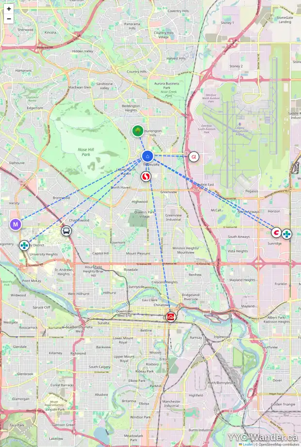 Daily accessibility map for 512 63 AV NW, Calgary showing nearby schools, grocery stores, parks, LRT stations and nearby amenities