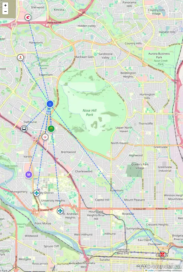 Daily accessibility map for 33 EDELWEISS PT NW, Calgary showing nearby schools, grocery stores, parks, LRT stations and nearby amenities