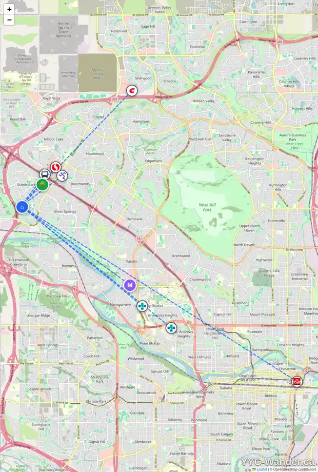 Daily accessibility map for 92 SCANDIA RI NW, Calgary showing nearby schools, grocery stores, parks, LRT stations and nearby amenities