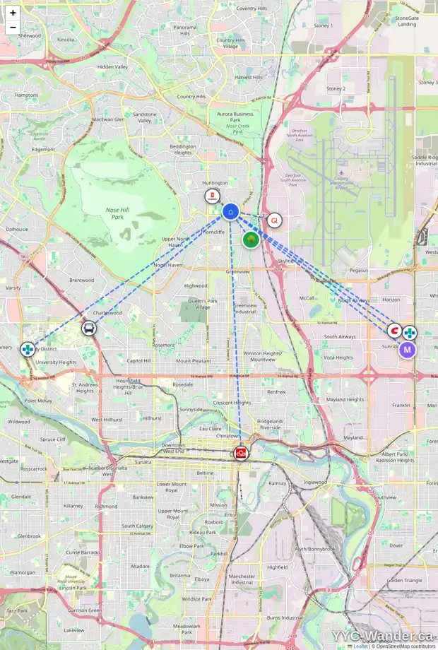 Daily accessibility map for 38 HUNTFORD CL NE, Calgary showing nearby schools, grocery stores, parks, LRT stations and nearby amenities