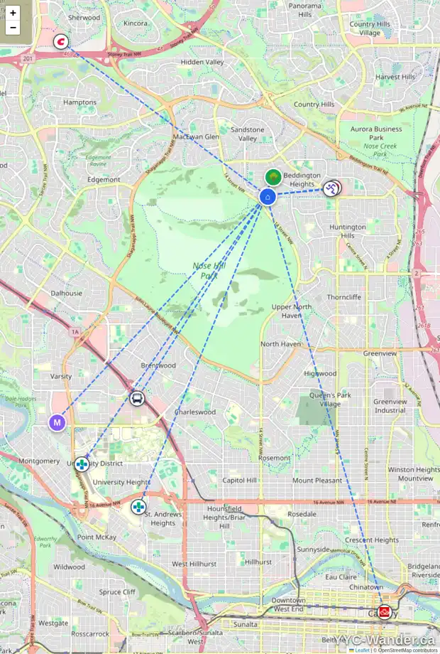 Daily accessibility map for 78 BERMONDSEY CO NW, Calgary showing nearby schools, grocery stores, parks, LRT stations and nearby amenities