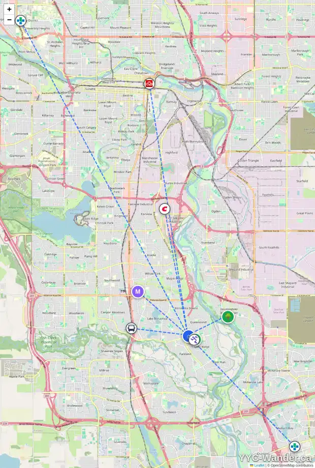 Daily accessibility map for 77 123 QUEENSLAND DR SE, Calgary showing nearby schools, grocery stores, parks, LRT stations and nearby amenities