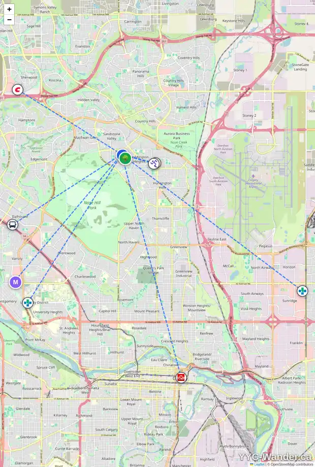 Daily accessibility map for 222 BERWICK DR NW, Calgary showing nearby schools, grocery stores, parks, LRT stations and nearby amenities