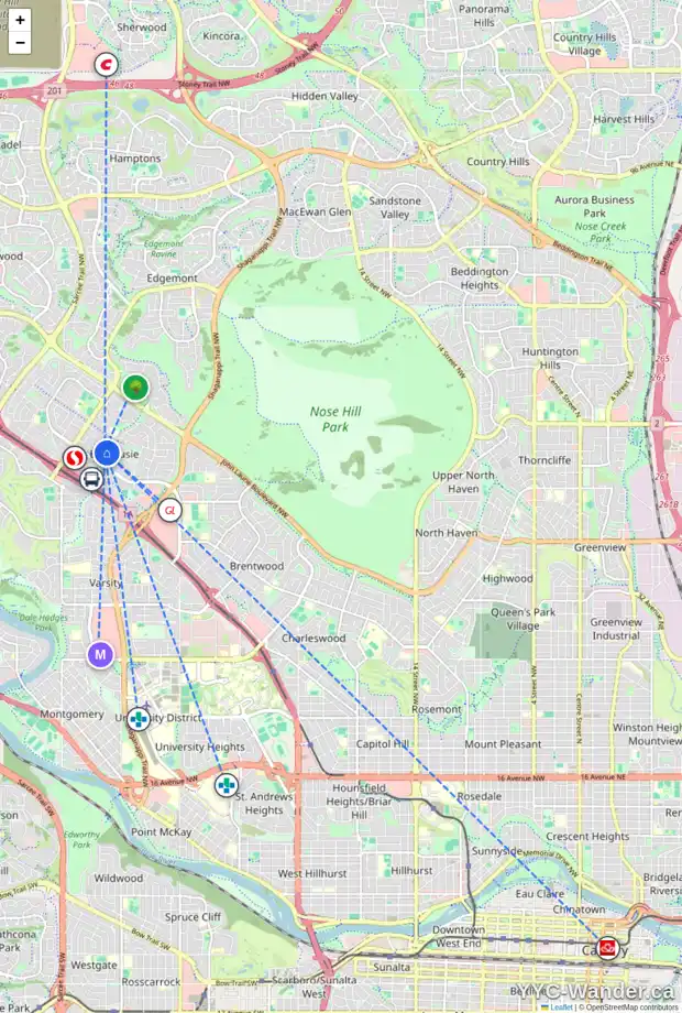 Daily accessibility map for 5844 DALFORD HL NW, Calgary showing nearby schools, grocery stores, parks, LRT stations and nearby amenities