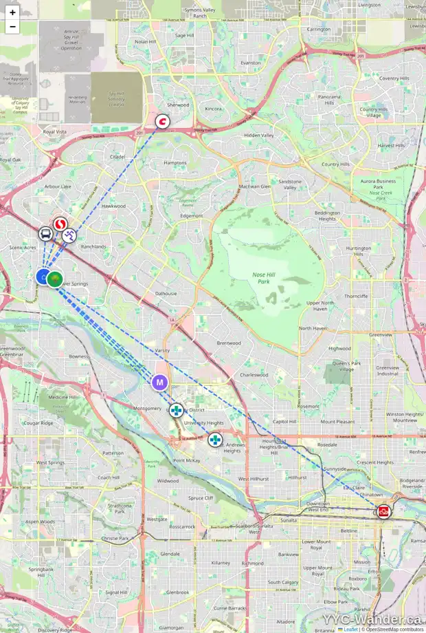 Daily accessibility map for 239 SILVERCREEK WY NW, Calgary showing nearby schools, grocery stores, parks, LRT stations and nearby amenities