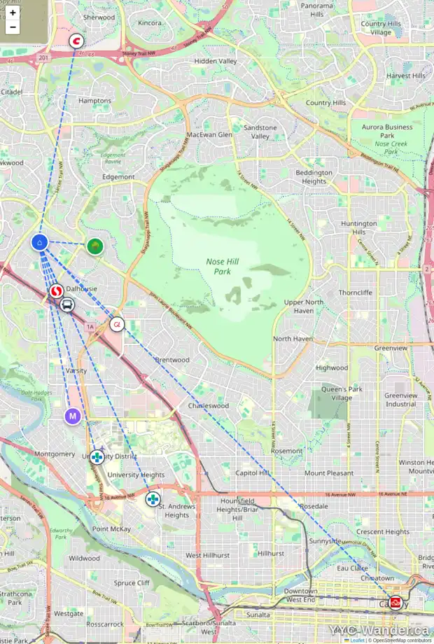 Daily accessibility map for 5842 DALCASTLE DR NW, Calgary showing nearby schools, grocery stores, parks, LRT stations and nearby amenities