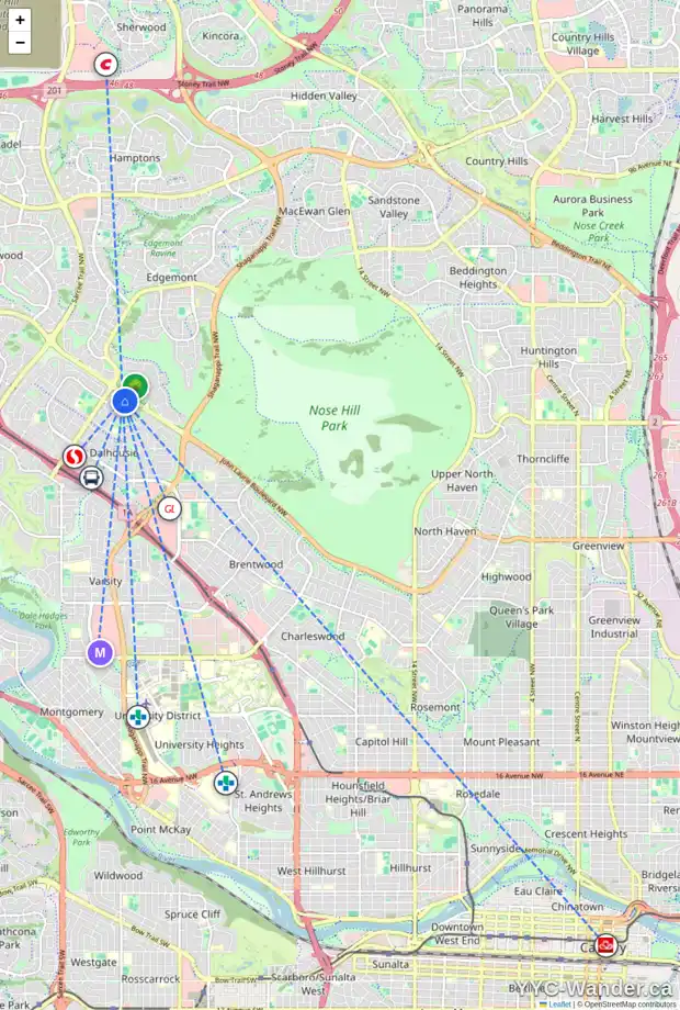 Daily accessibility map for 135 DALHURST WY NW, Calgary showing nearby schools, grocery stores, parks, LRT stations and nearby amenities