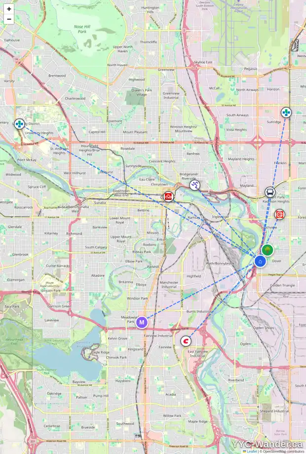 Daily accessibility map for 212 DOVERGLEN CR SE, Calgary showing nearby schools, grocery stores, parks, LRT stations and nearby amenities