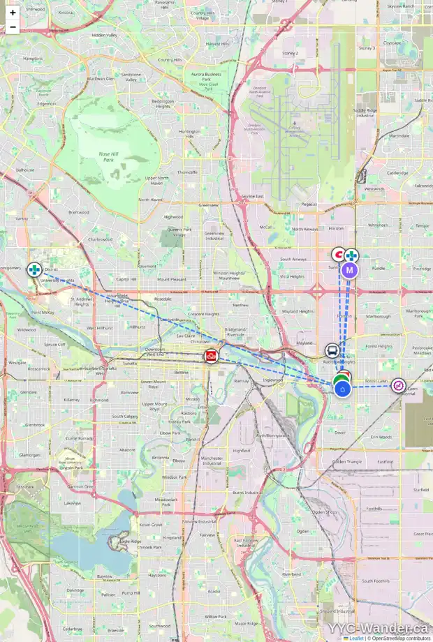 Daily accessibility map for 2004 BIRCH CR SE, Calgary showing nearby schools, grocery stores, parks, LRT stations and nearby amenities