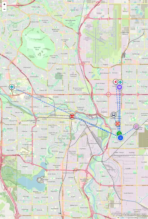 Daily accessibility map for 3424 31A AV SE, Calgary showing nearby schools, grocery stores, parks, LRT stations and nearby amenities