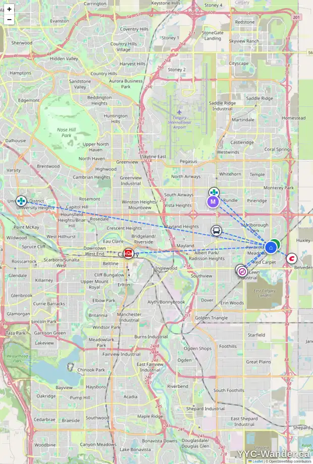 Daily accessibility map for 568 PENSWOOD RD SE, Calgary showing nearby schools, grocery stores, parks, LRT stations and nearby amenities