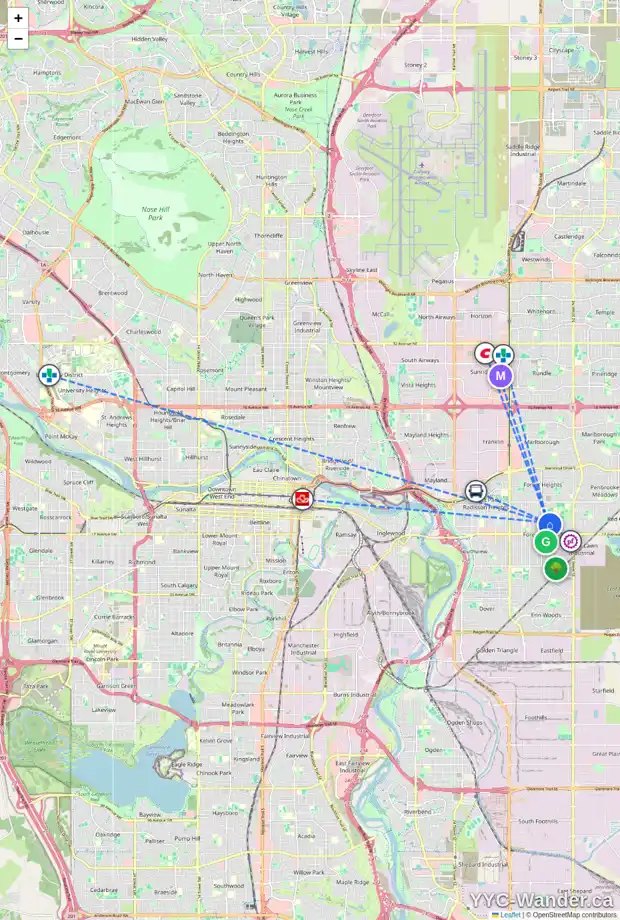 Daily accessibility map for 1513 46 ST SE, Calgary showing nearby schools, grocery stores, parks, LRT stations and nearby amenities