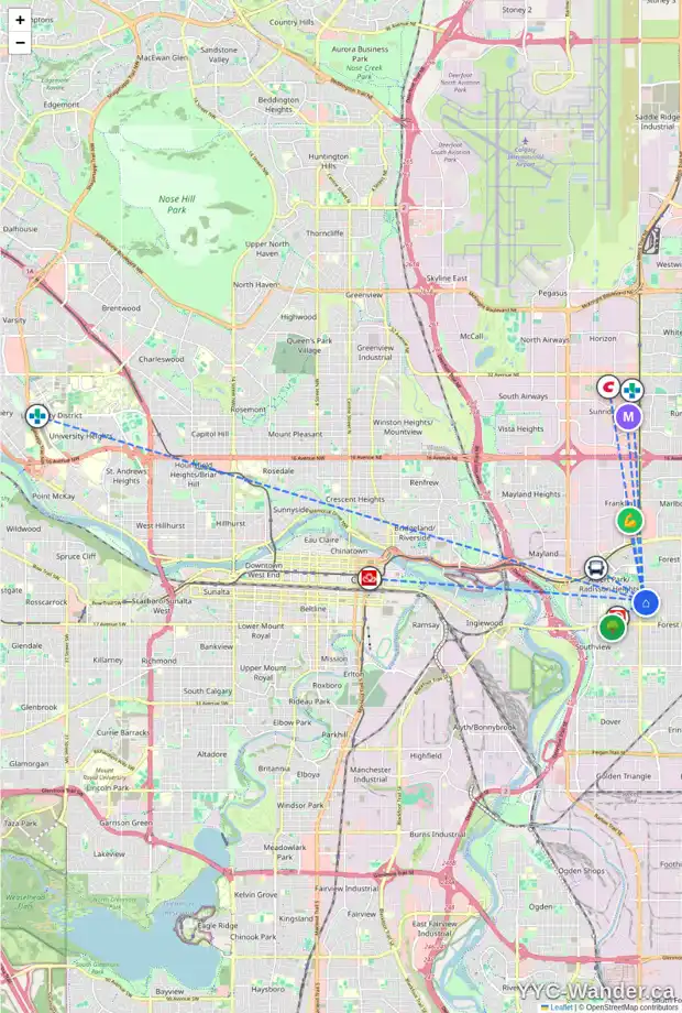 Daily accessibility map for 1311 37 ST SE, Calgary showing nearby schools, grocery stores, parks, LRT stations and nearby amenities