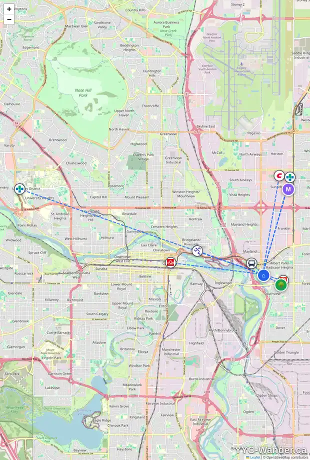 Daily accessibility map for 1307 25 ST SE, Calgary showing nearby schools, grocery stores, parks, LRT stations and nearby amenities