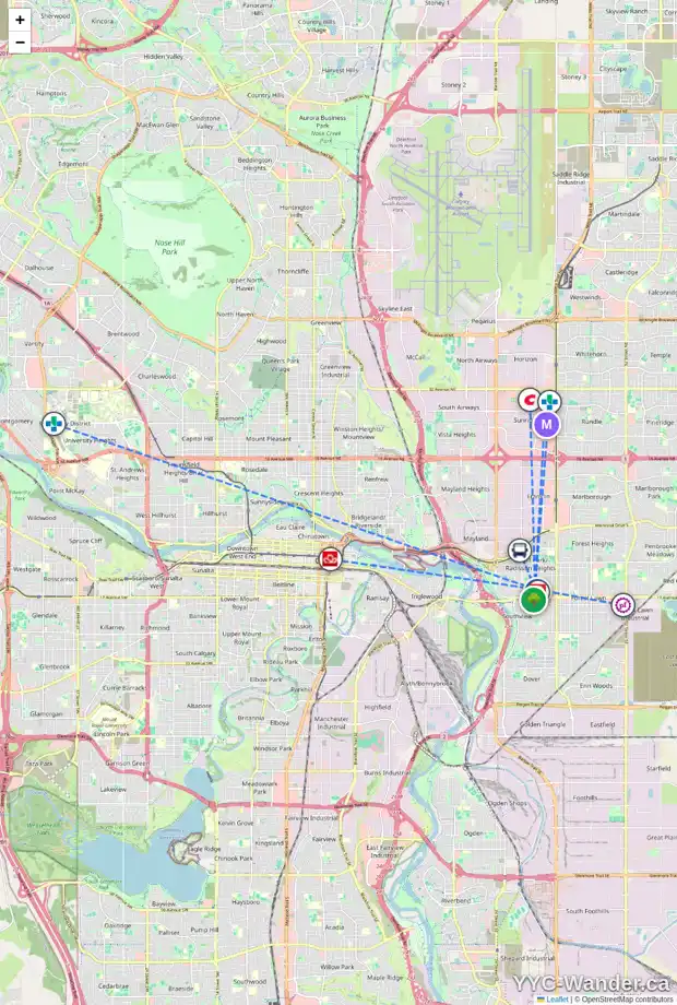 Daily accessibility map for 1632 ROULEAU CR SE, Calgary showing nearby schools, grocery stores, parks, LRT stations and nearby amenities