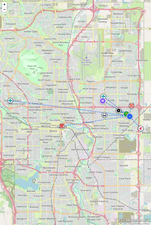 Daily accessibility map for 636 MALVERN WY NE, Calgary showing nearby schools, grocery stores, parks, LRT stations and nearby amenities