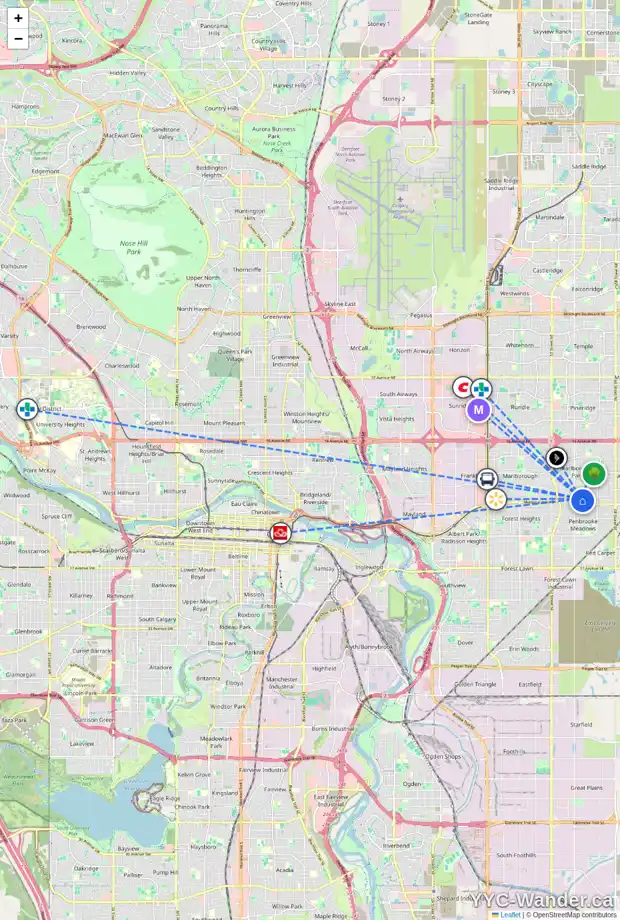 Daily accessibility map for 5907 MADDOCK DR NE, Calgary showing nearby schools, grocery stores, parks, LRT stations and nearby amenities