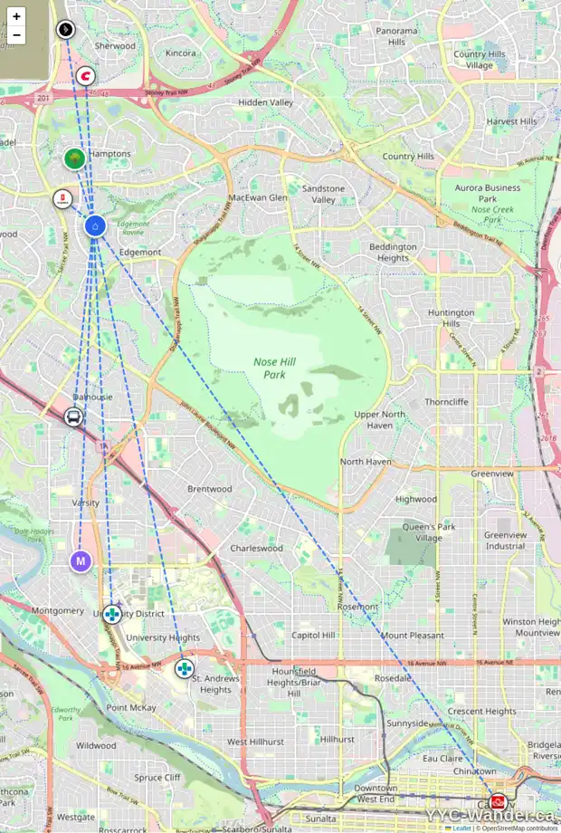 Daily accessibility map for 28 EDGEPARK ME NW, Calgary showing nearby schools, grocery stores, parks, LRT stations and nearby amenities