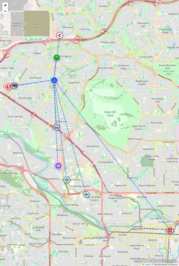Daily accessibility map for 131 HAWKHILL PL NW, Calgary showing nearby schools, grocery stores, parks, LRT stations and nearby amenities