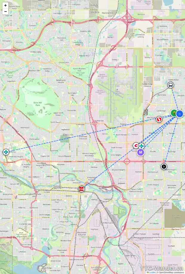 Daily accessibility map for 79 FALTON CL NE, Calgary showing nearby schools, grocery stores, parks, LRT stations and nearby amenities