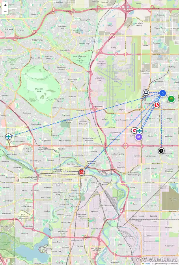 Daily accessibility map for 6440 54 ST NE, Calgary showing nearby schools, grocery stores, parks, LRT stations and nearby amenities