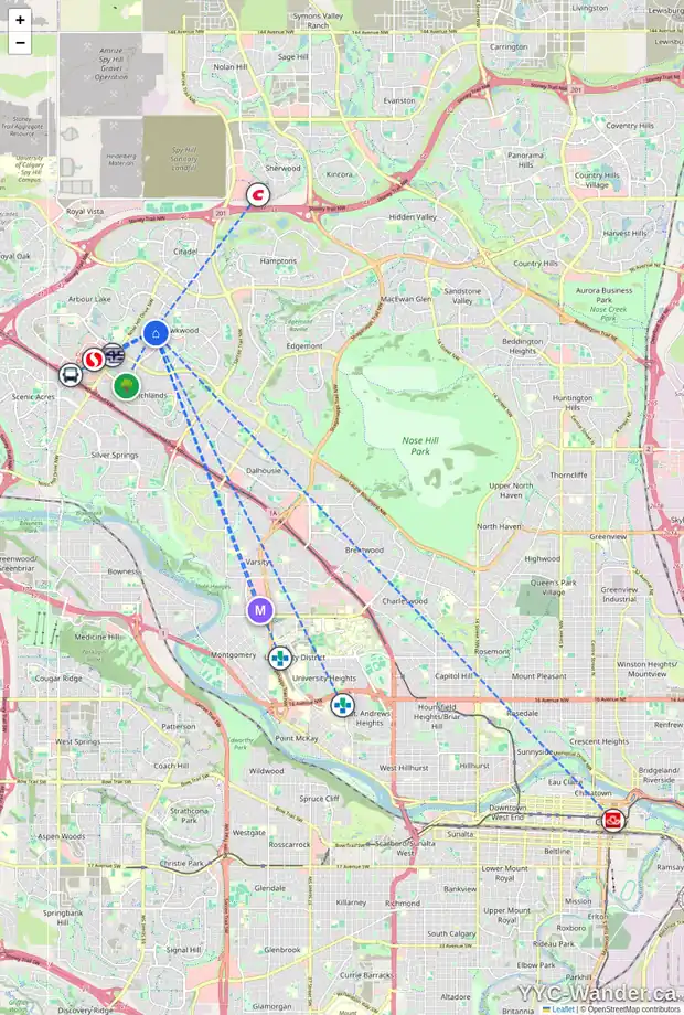 Daily accessibility map for 146 HAWKDALE CI NW, Calgary showing nearby schools, grocery stores, parks, LRT stations and nearby amenities