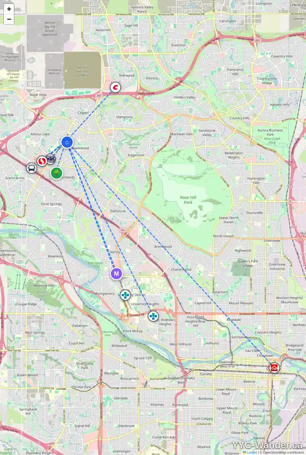 Daily accessibility map for 154 HAWKVILLE CL NW, Calgary showing nearby schools, grocery stores, parks, LRT stations and nearby amenities