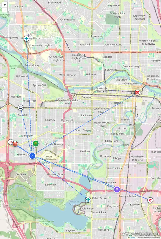 Daily accessibility map for 10 GLADEVIEW CR SW, Calgary showing nearby schools, grocery stores, parks, LRT stations and nearby amenities