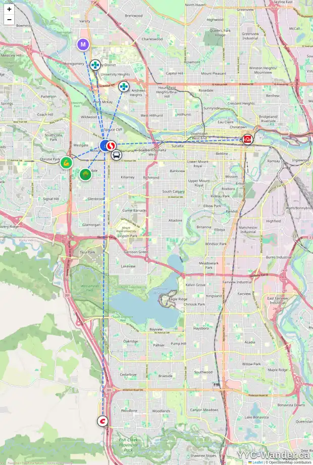 Daily accessibility map for 934 39 ST SW, Calgary showing nearby schools, grocery stores, parks, LRT stations and nearby amenities