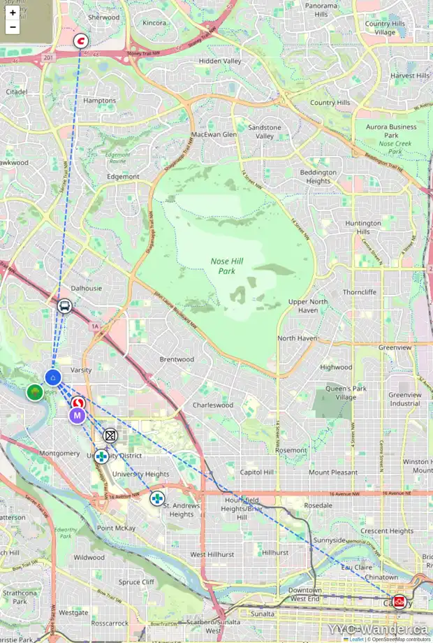 Daily accessibility map for 4227 53 ST NW, Calgary showing nearby schools, grocery stores, parks, LRT stations and nearby amenities