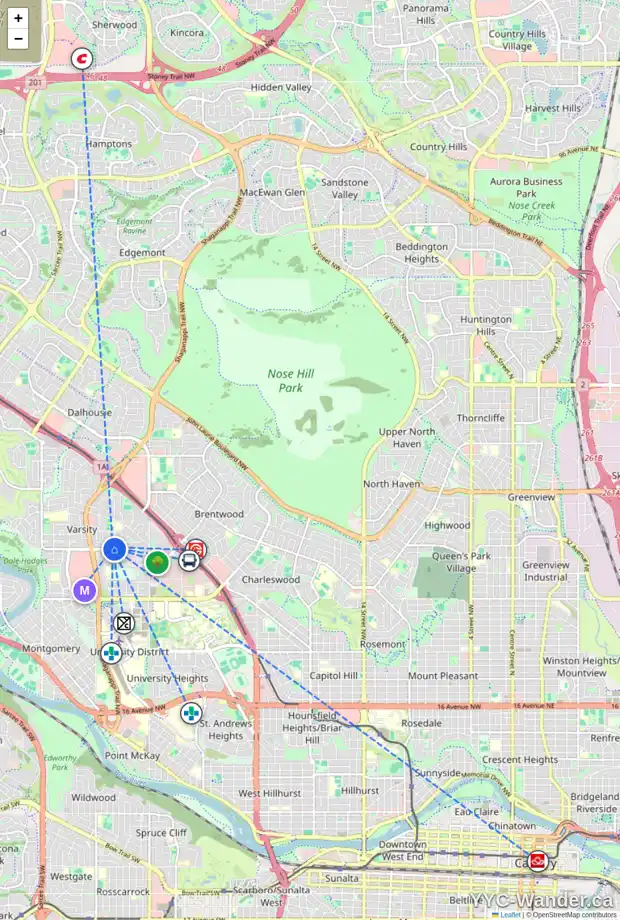 Daily accessibility map for 4132 40 AV NW, Calgary showing nearby schools, grocery stores, parks, LRT stations and nearby amenities