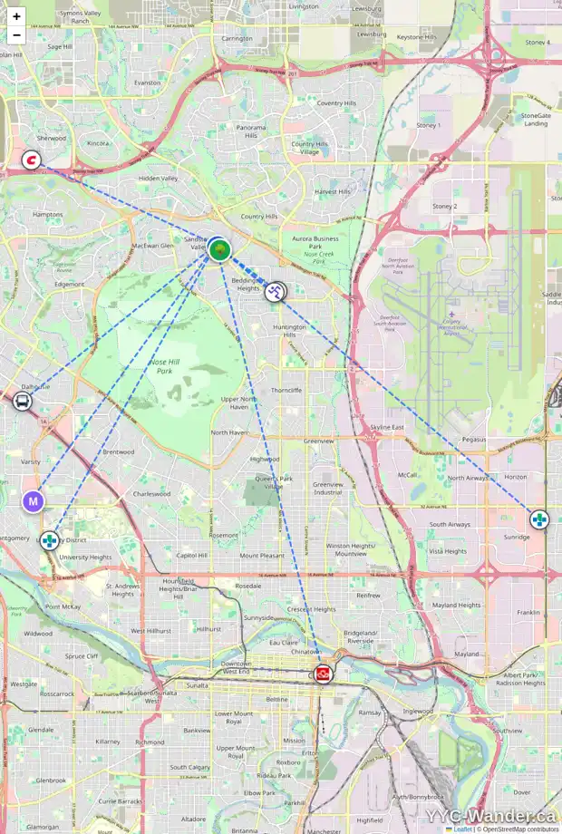 Daily accessibility map for 57 SANDPIPER LN NW, Calgary showing nearby schools, grocery stores, parks, LRT stations and nearby amenities