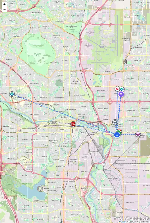 Daily accessibility map for 1914 ASH CR SE, Calgary showing nearby schools, grocery stores, parks, LRT stations and nearby amenities