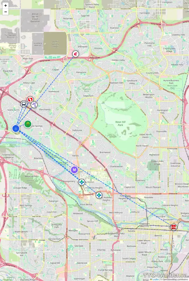 Daily accessibility map for 822 SCIMITAR BA NW, Calgary showing nearby schools, grocery stores, parks, LRT stations and nearby amenities