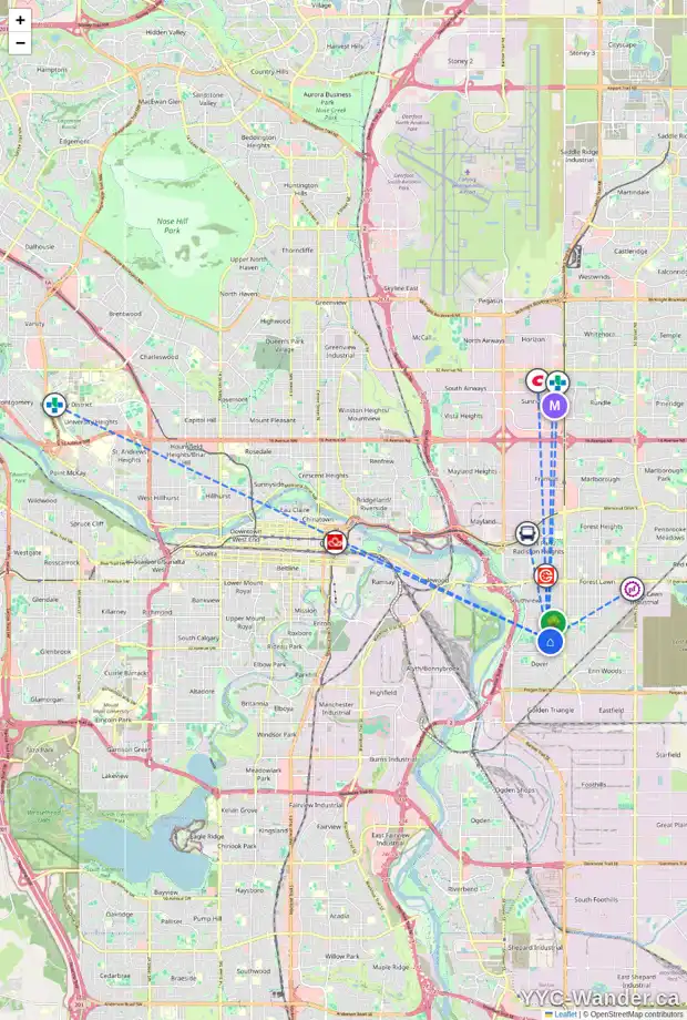 Daily accessibility map for 3228 31A AV SE, Calgary showing nearby schools, grocery stores, parks, LRT stations and nearby amenities