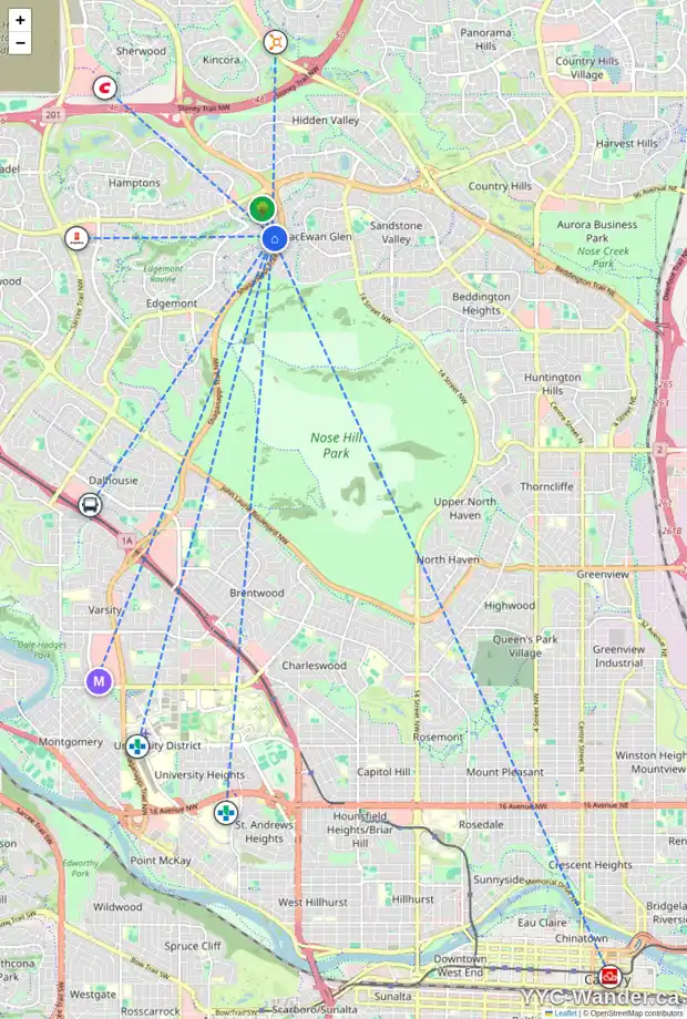 Daily accessibility map for 208 EDGEBROOK PA NW, Calgary showing nearby schools, grocery stores, parks, LRT stations and nearby amenities
