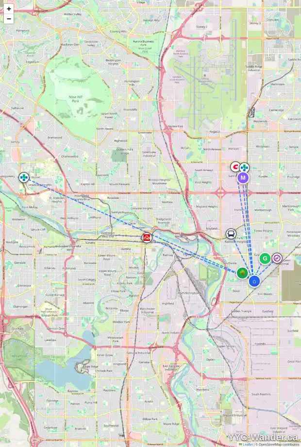 Daily accessibility map for 1 DOVERCLIFFE WY SE, Calgary showing nearby schools, grocery stores, parks, LRT stations and nearby amenities