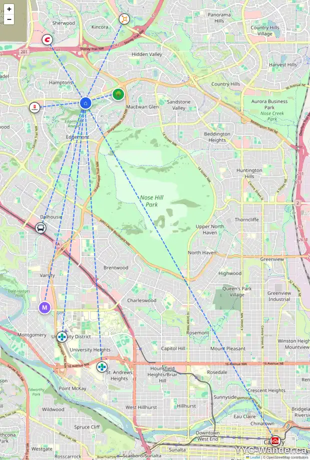 Daily accessibility map for 66 EDGERIDGE GR NW, Calgary showing nearby schools, grocery stores, parks, LRT stations and nearby amenities