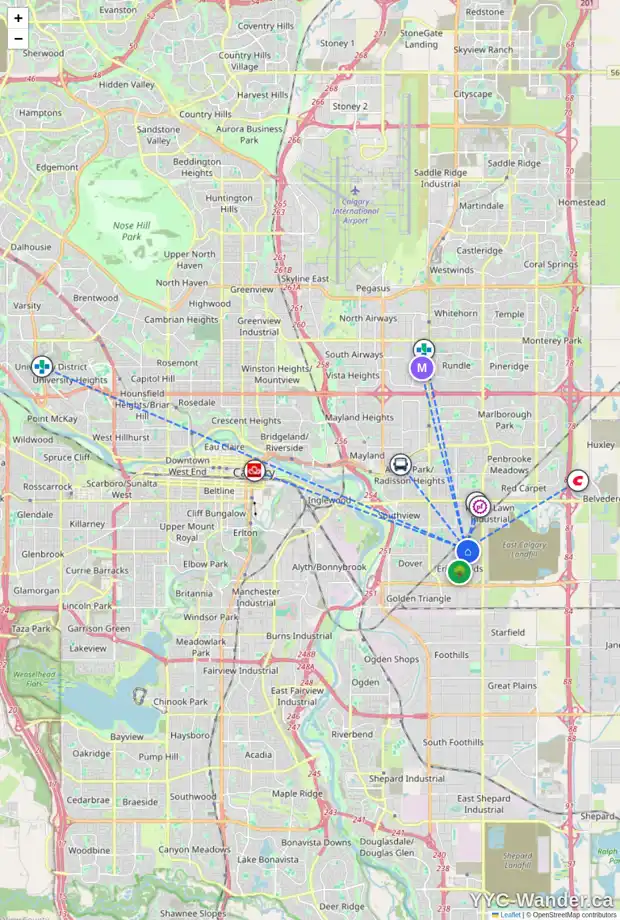 Daily accessibility map for 47 ERIN GROVE BA SE, Calgary showing nearby schools, grocery stores, parks, LRT stations and nearby amenities