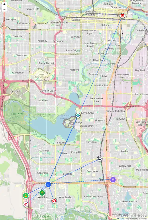 Daily accessibility map for 36 WOODFORD PL SW, Calgary showing nearby schools, grocery stores, parks, LRT stations and nearby amenities