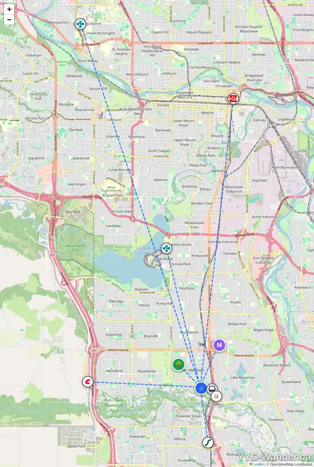 Daily accessibility map for 4103 13045 6 ST SW, Calgary showing nearby schools, grocery stores, parks, LRT stations and nearby amenities