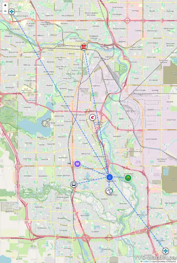 Daily accessibility map for 240 QUEENSLAND CI SE, Calgary showing nearby schools, grocery stores, parks, LRT stations and nearby amenities