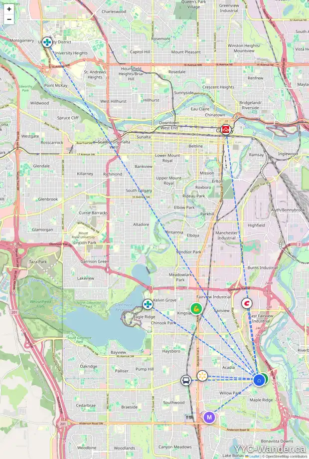 Daily accessibility map for 32 MAPLE COURT CR SE, Calgary showing nearby schools, grocery stores, parks, LRT stations and nearby amenities