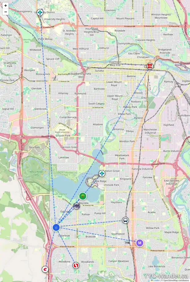 Daily accessibility map for 531 CEDARILLE CR SW, Calgary showing nearby schools, grocery stores, parks, LRT stations and nearby amenities