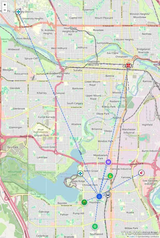 Daily accessibility map for 8616 7 ST SW, Calgary showing nearby schools, grocery stores, parks, LRT stations and nearby amenities