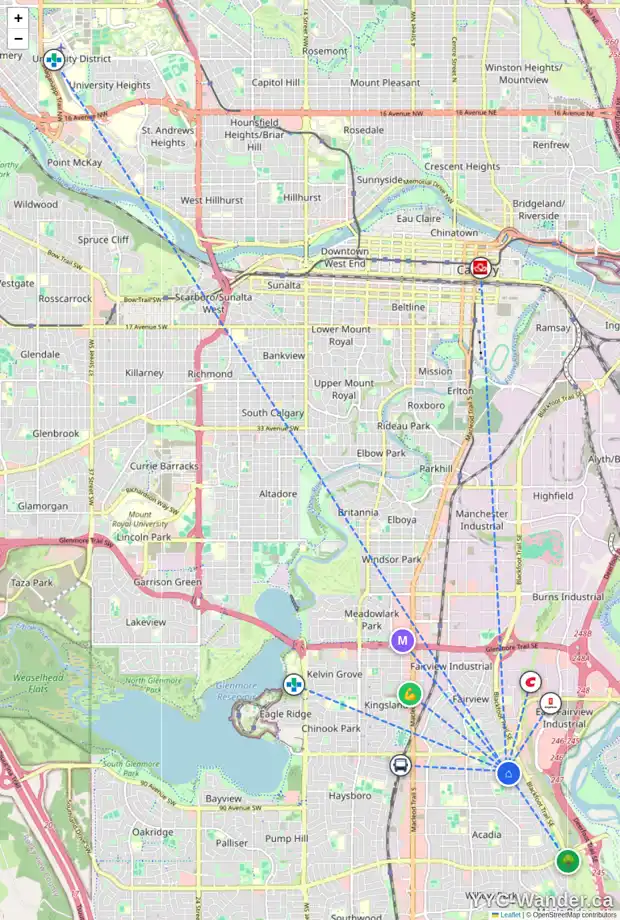 Daily accessibility map for 8516 ASHWORTH RD SE, Calgary showing nearby schools, grocery stores, parks, LRT stations and nearby amenities